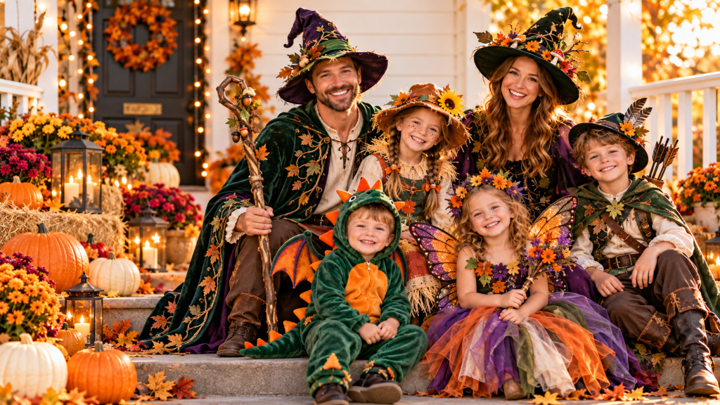 A family in Halloween costumes on a front porch decorated for fall.