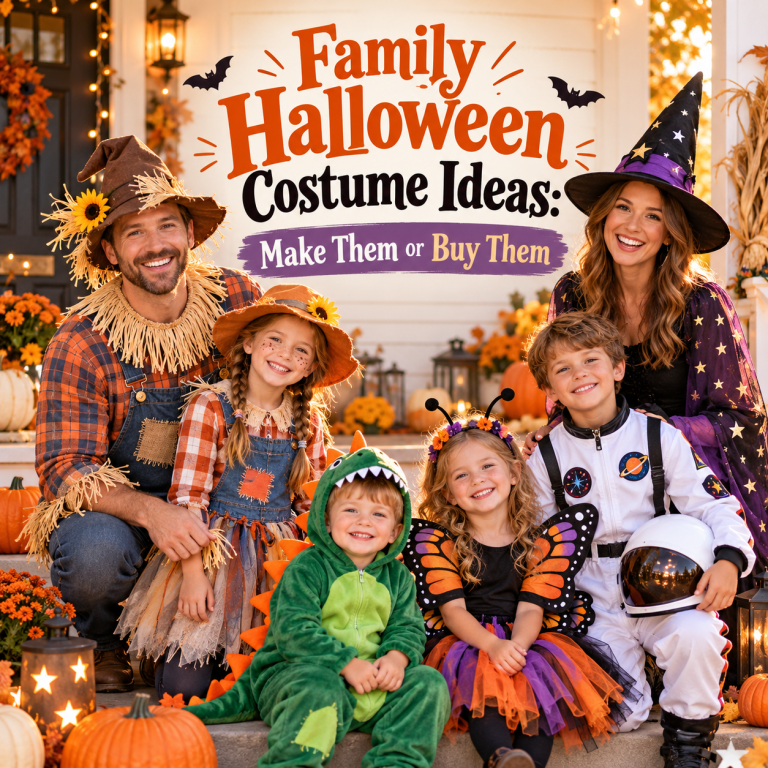 A family in Halloween costumes.