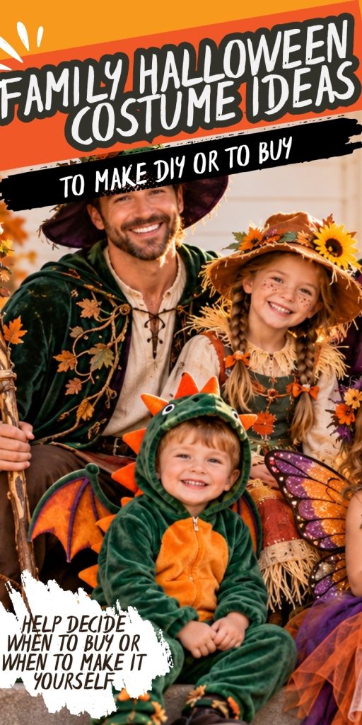 A family sitting on the steps in Halloween costumes with fall decor.