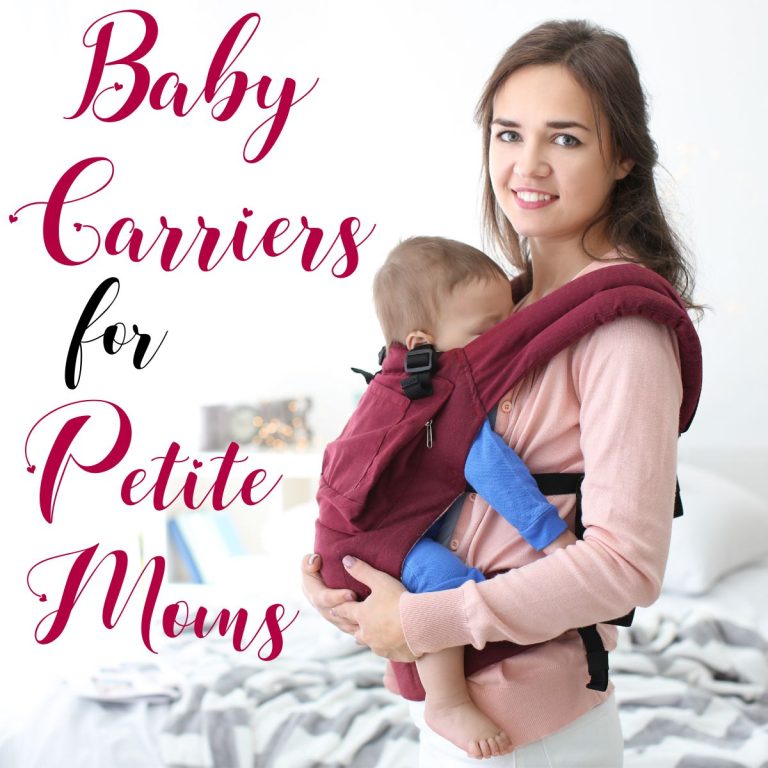 A petite mom holding baby in a baby carrier with text overlay.
