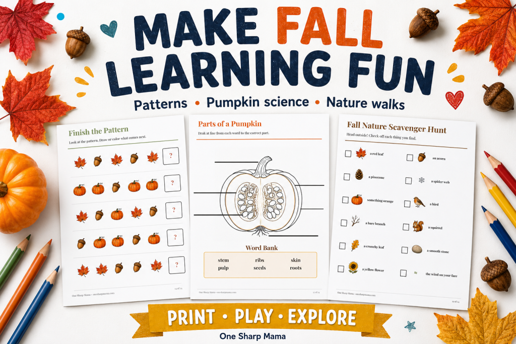 Fall activity pages with text that says Make Fall Learning Fun.